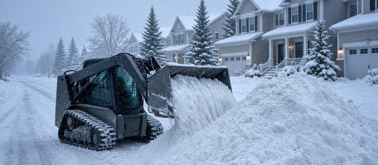A tracked skid steer pushing snow into a tall pile beside a residential street lined with two-story houses and evergreen trees in falling snow, in Syracuse, New York