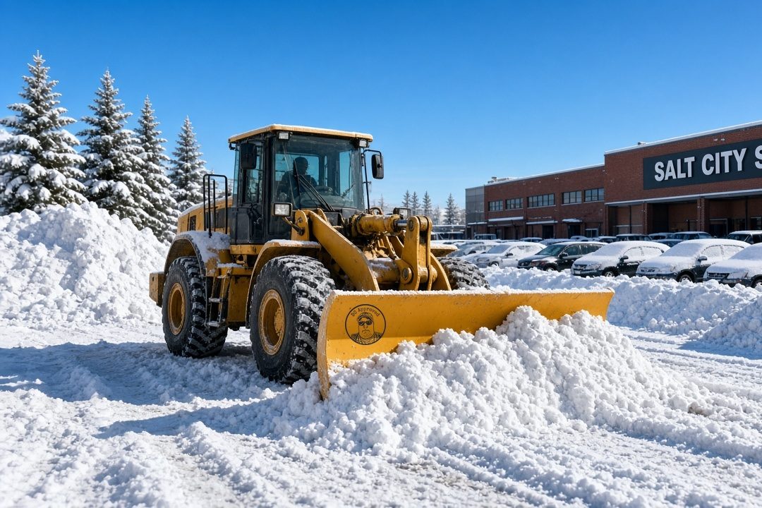 A yellow wheel loader with a DC Approved plow blade pushing a big pile of snow across a store parking lot, with tall snow piles, snow-covered evergreen trees, rows of snowy parked cars, a brick store building and a clear blue sky behind it, in Syracuse, New York