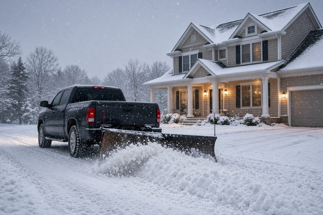 A dark pickup with a plow blade at its rear pushing snow down a driveway in front of a two-story house with lit windows and snow on the roof, in Syracuse, New York
