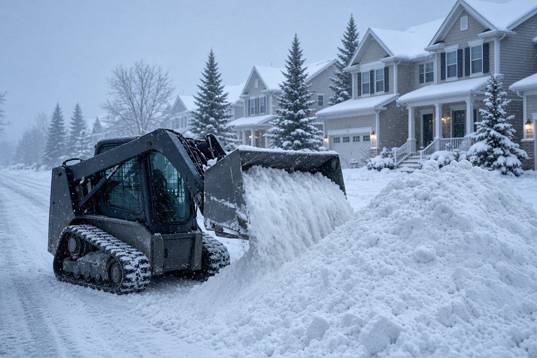 A tracked skid steer pushing snow into a tall pile beside a residential street lined with two-story houses and evergreen trees in falling snow, in Syracuse, New York