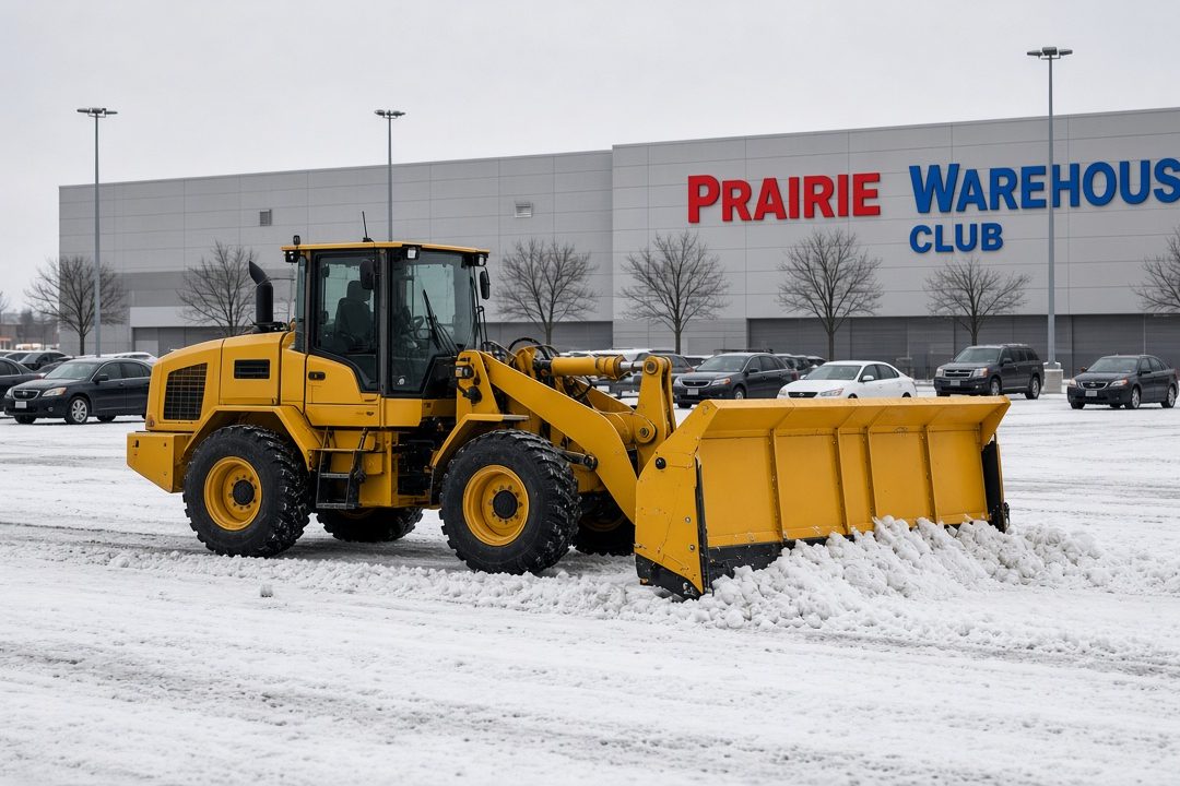 A yellow wheel loader with a yellow snow pusher clearing a snowy store parking lot, with parked cars and bare trees in front of a big warehouse store, in Syracuse, New York