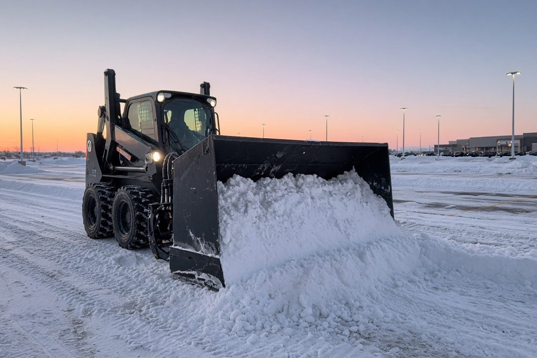 A black snow pusher box on a wheeled skid steer pushing snow across a big parking lot at dawn, in Syracuse, New York